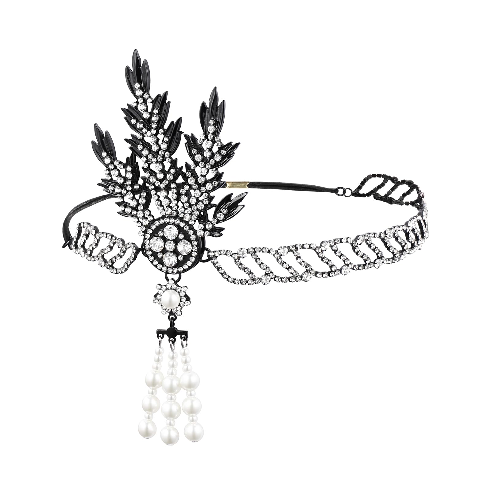 Lurrose 1920's Flapper Headband 20s Feather Headband with Leaf Medallion Pearl Pearl Tassel Headdress Hair Accessories for Women