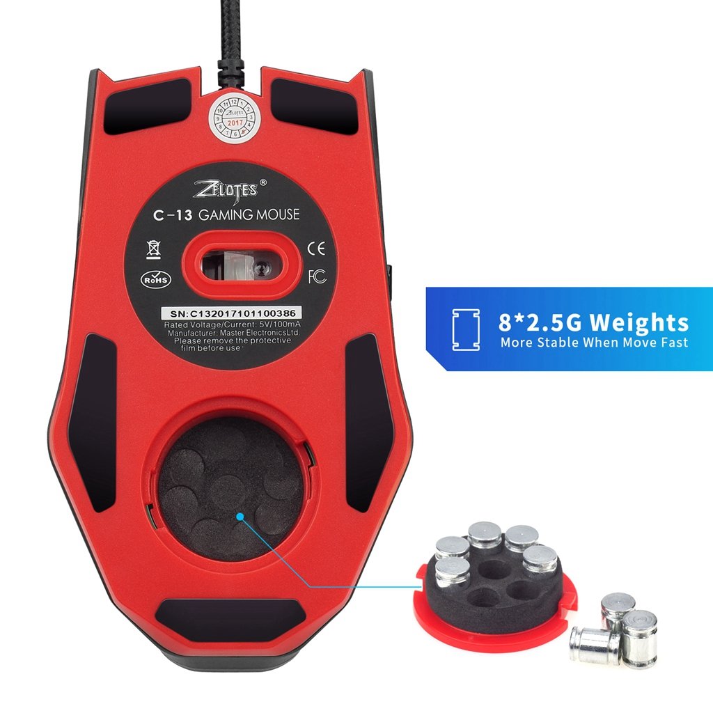 ZELOTES C13 Programmierbare Gaming Maus 3200 DPI USB Wired LED Computer Mouse with 6 Tasten, 5 Einstellbare DPI, Gewicht Tuning Set