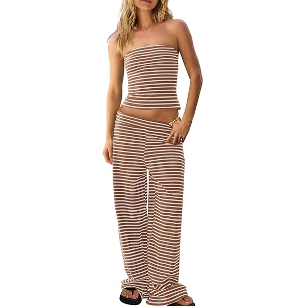 Women's Striped 2-Piece Lounge Set – Strapless Crop Top & Wide Leg Pants, Elastic Waistband