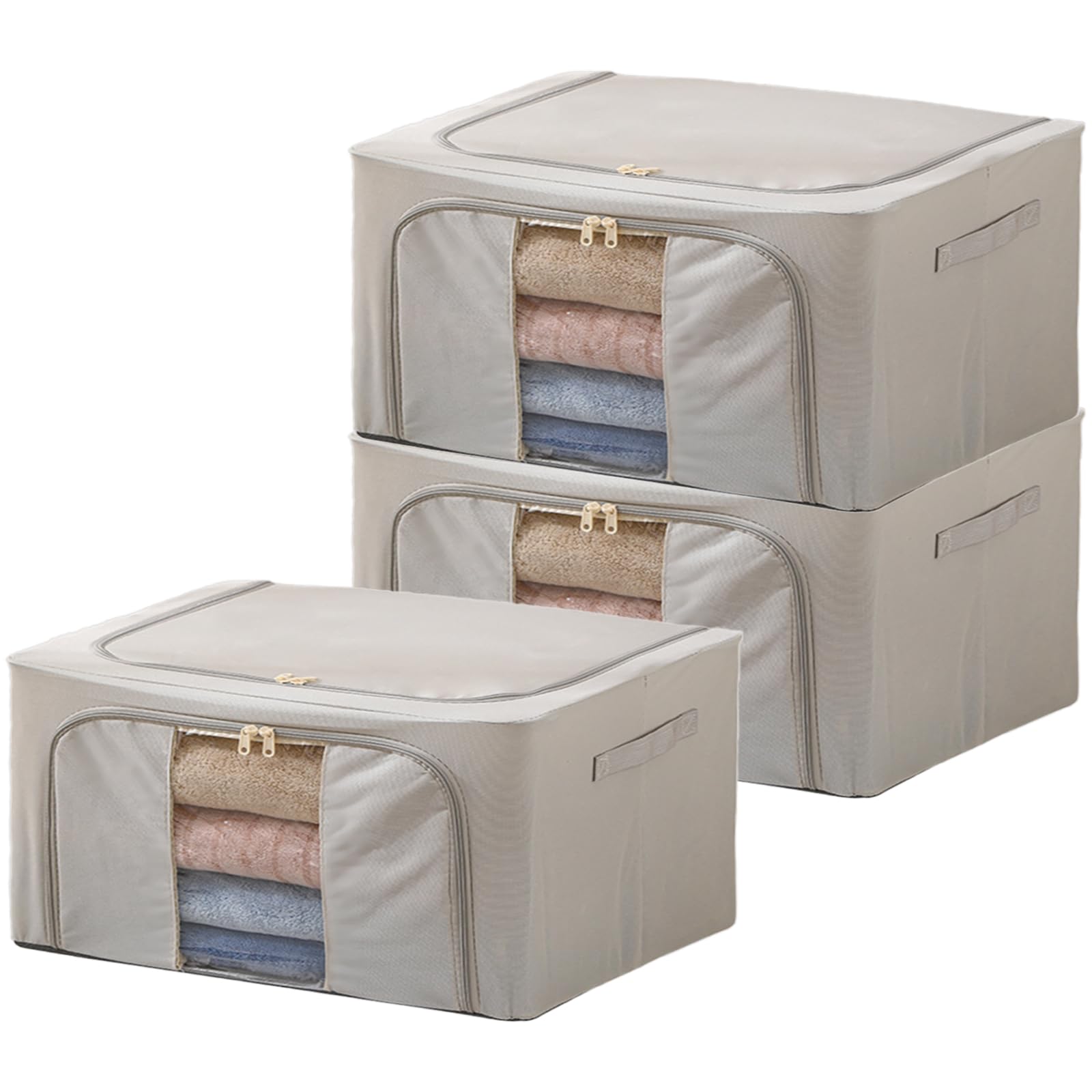 Goesort 3 Pack Clothes Storage Boxes with Steel Frame Support, 22L Moving Bag Wardrobe Storage Organiser Packing Boxes for Moving House with Clear Windows for Towel Duvet Sweater Bedding, Grey