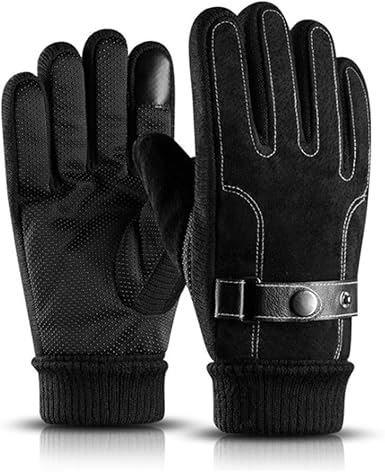 Men Winter Gloves Cold Weather Touch Screen Texting Warm Glove With Non Slip Suede Leather Knit Cuff Thick Fleece Lining Black At Amazon Men S Clothing Store