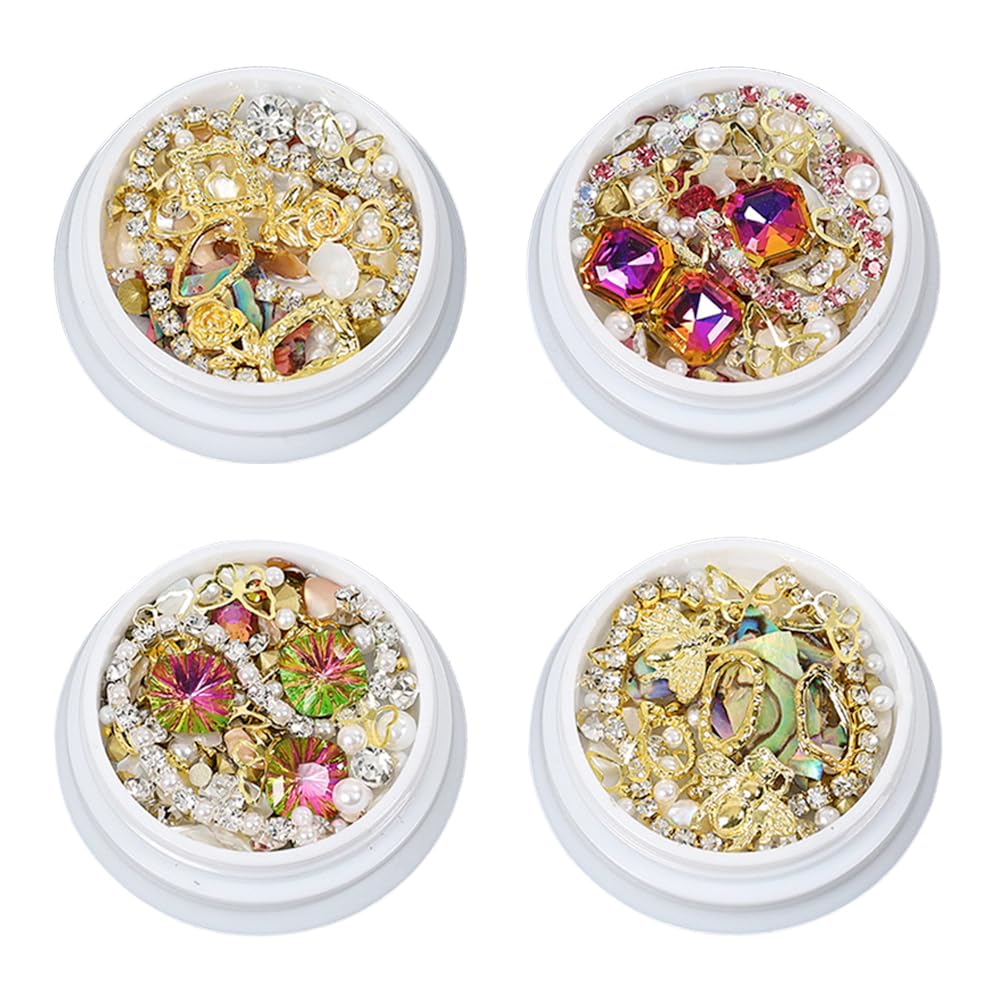 4 Boxes 3D Nail Art Rhinestones Mixed-Style Nail Art Charms Diamonds Metal Pearl Nail Gems Crystals for Women Girls DIY Nail Design Decorations Supplies