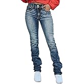 Flamingals Bootcut Jeans for Women Stretchy Mid Rise Double Button Wash Solid 90s Straight Leg Jeans