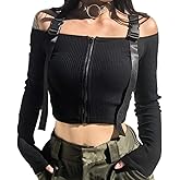 Women Off Shoulder Buckle Crop Top Long Sleeve Ribbed Shirt Tee Blouse Top Vest for Causal Party Clubwear