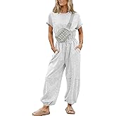 Flygo One Piece Jumpsuits for Women Crewneck Short Sleeve Casual Wide Leg Long Pants Drawstring Rompers Outfits with Pockets