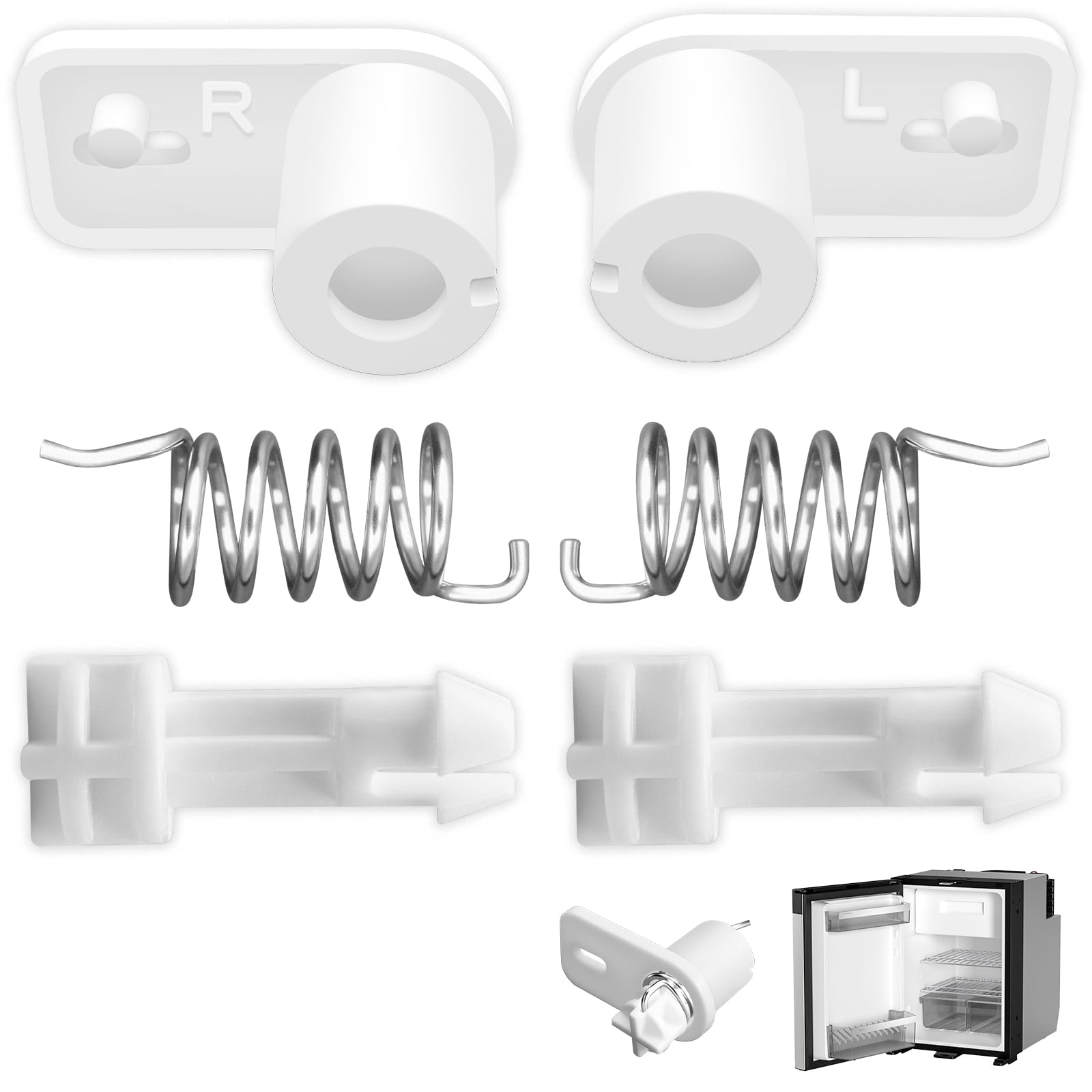Photo 1 of Left & Right Spring Assembly Kit 3-in-1 Includes Housing, Spring, Bolt, Fit for Dometic RV Camper Trailer Single Door Fridge Freezer, Part# 2932754019, 2932754027, 2002236004, 2002236012, 2002238000