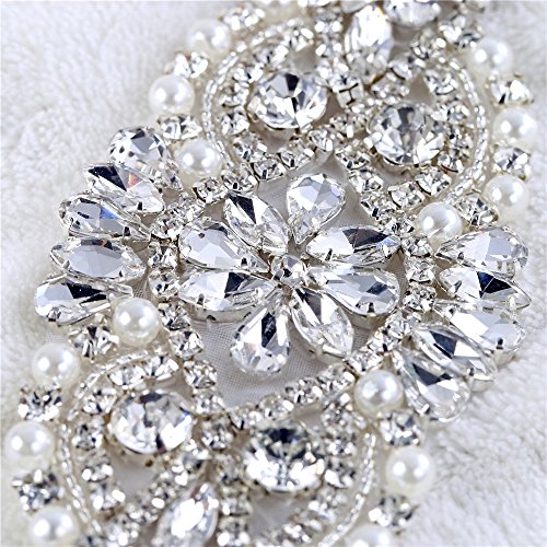 Iron on Bridal Pearls Crystal Rhinestone Diamante Strass Wedding Applique Patches Embellishment Handcrafted Bling Decoration for Woman Formal Dress Prom Gown Shoes Headpieces Heel Sparkly Girl Belt - Thumbnail 2