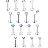 Vsnnsns 16G 18G 20G Threadless Push in Lip Rings Stainless Steel Flat Back Nose Rings Studs Tragus Helix Conch Cartilage Lobe Earrings Stud Piercing Jewelry for Women Men Opal CZ Silver 16PCS
