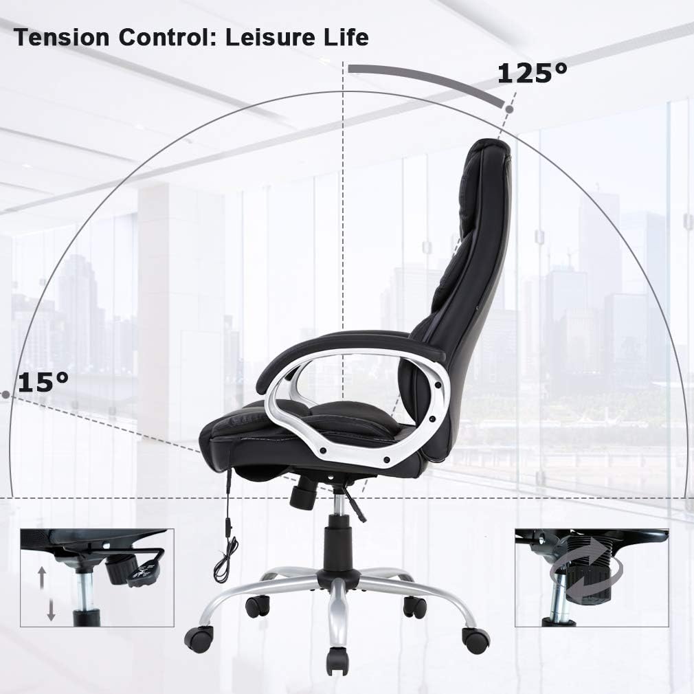 Home Office Chair Massage Desk Chair Ergonomic Computer Chair with Lumbar Support Headrest Armrest High Back Task Chair Rolling Swivel PU Leather Executive Chair for Women Adults, Black: Furniture & Decor