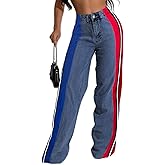 Angsuttc Jeans for Women Patchwork Stripes Trendy Jean High Elastic Waist Color Blocked Wide Leg Denim Pant Stretchy