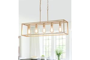 AMZASA Gold Rectangle Kitchen Island Lights Rectangular Modern Industrial Chandelier for Dining Room 5 Lights Linear Vintage Cage Light Fixtures UL Listed