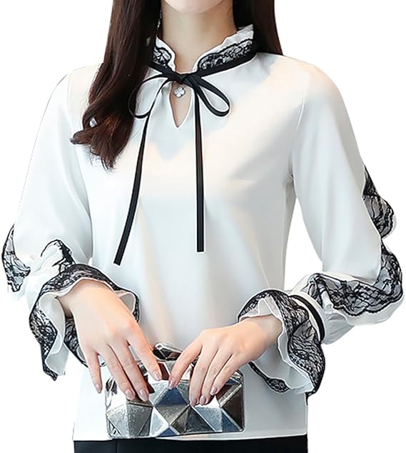 Amazon シフォンブラウス シフォン シャツ ブラウス リボン レース 黒 白 長袖 ホワイト S M L Xl Xxl 全1色 シャツ ブラウス 通販