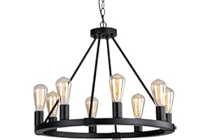 9MMML 23.6" 8 Lights Wagon Wheel Chandelier,Black Metal Round Industrial Vintage Kitchen Island Pendant Light for Living Dining Room Foyer Entryway,Height Adjustable,E26.