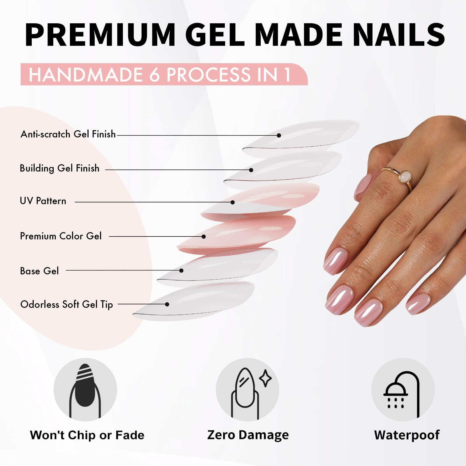 SHANGMENG Pink Chrome Press on Nails Square - Soft Gel Press on Nails Short for Women Gift, Glossy Stick on Nails with Glue in 16 Sizes - 32 Reusable Fake Nails, Aurora Light Pink - Image 3