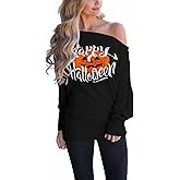 INFITTY Women's Christmas Shirts Off The Shoulder Tops Long Sleeve Graphic Pullover Swertshits Tunic