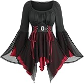 ROSE GAL Plus Size Women Gothic Halloween Costume Two Tone Lace-up Layered Handkerchief Hem Bell Sleeve Goth Top