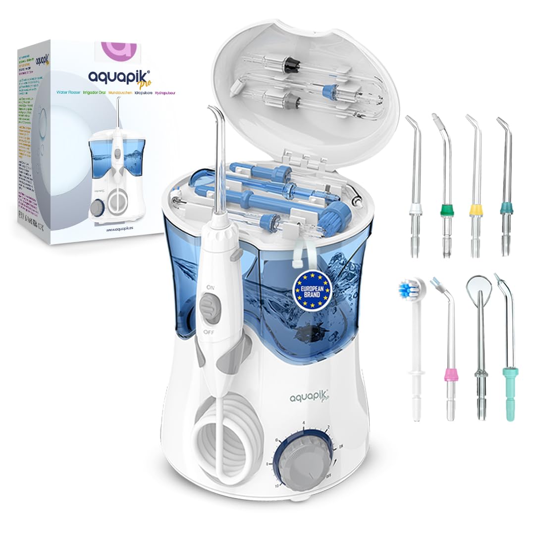 Aquapik® PRO Blue Professional Dental Irrigator | 10 Pressure Levels, 8 Nozzles, Capacity 600 mL | Removes up to 99% Plaque | Cares for Implants and Orthodontics