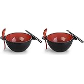 Ozeri Earth Ramen Bowl 6-Piece Set, Made from Plant-Derived and Other Natural Materials 993 ml, Black with Red