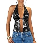 SOLY HUX Women's Sparkly Sequin Halter Tops Y2k Crop Top Night Out Party Outfits Streetwear