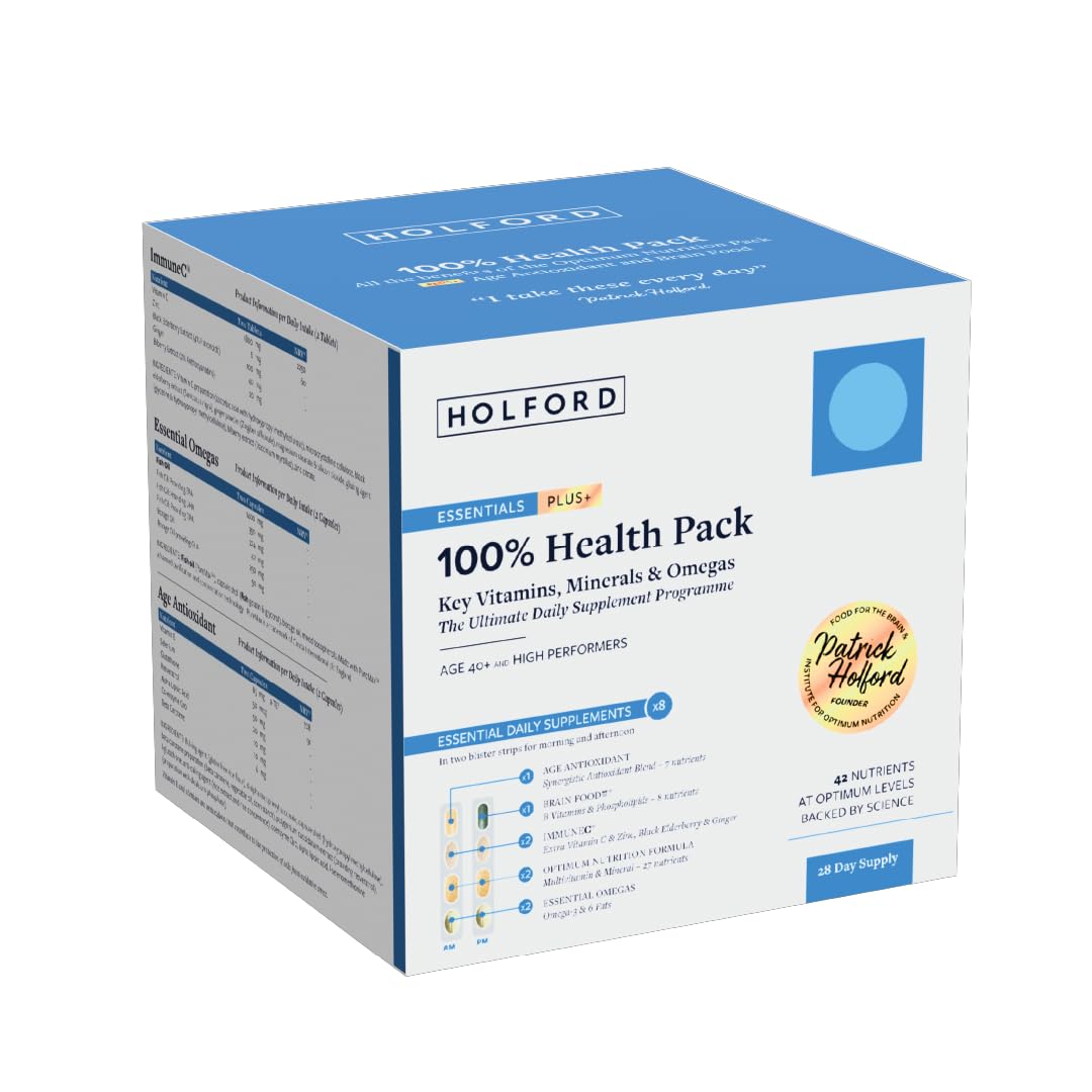 Patrick HOLFORD 100% Health Pack/Comprehensive Daily Supplement Programme/for Age 40+ / Vitamins, Minerals and Omegas in Daily Blister Strips / 42 Nutrients in 5 Supplements/for Women & Men