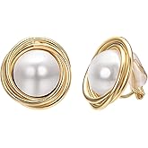 Yoursfs White Large Pearl Clip on Earrings for Women 18k Gold Plated Hypoallergenic Non Pierced Earrings Fashion Sparkly Jewelry