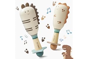 Evoceler Baby Toys, 2 Pac Dinosaur Rattles & Shaker Toys with Teether, Baby Maracas Sensory Toys for 0+M Babies, Soft Silicone BPA Free, Perfect Size for Grasp and Shake, Ideal Baby Boy Girl Toy Gift