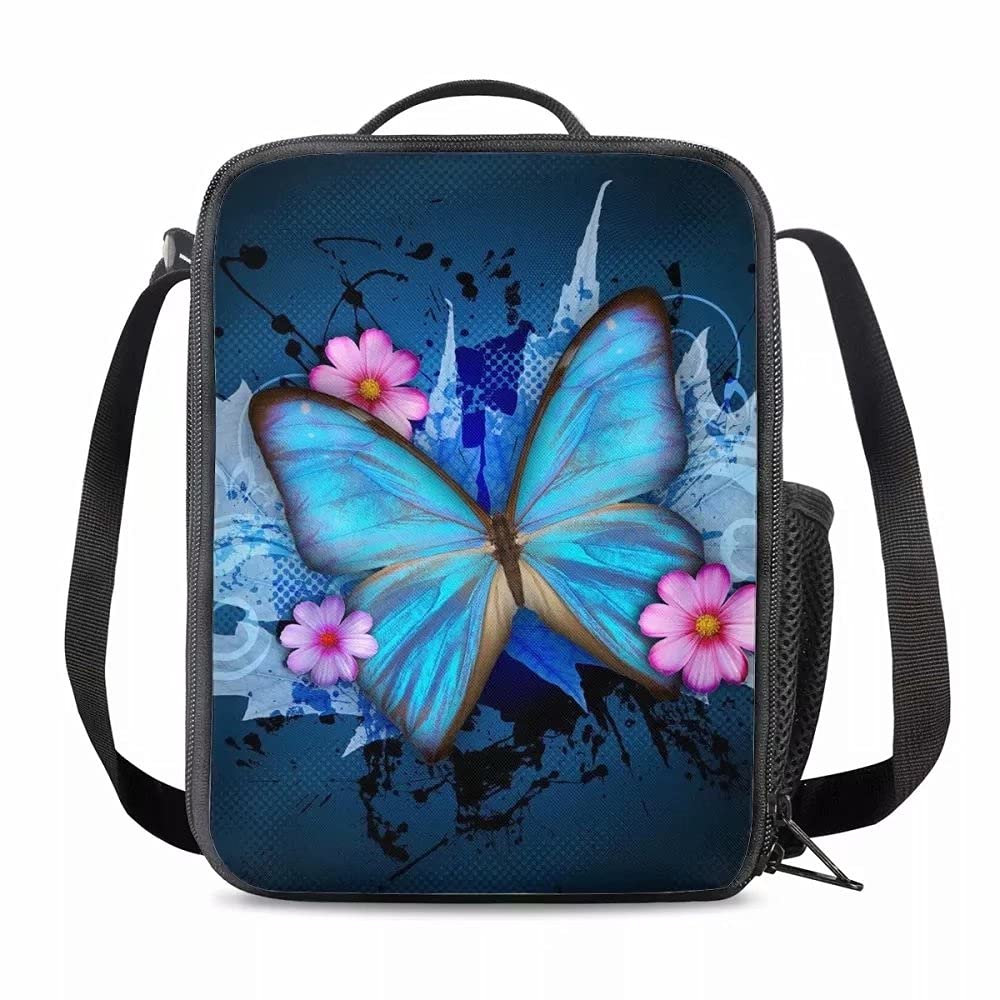 chaqlin Blue Butterflies Lunch Bag for Adult Kids,Portable Lunch Container for School/Travel/Picnic/Work/Outdoor,Reusable School Thermal Meal Tote Kit for Ladies Girls
