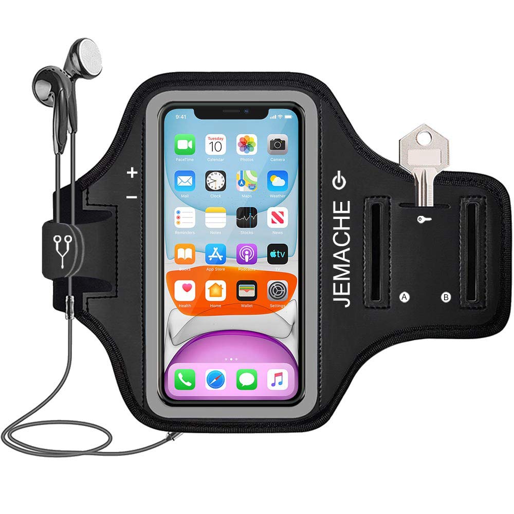 iPhone 16e 16 15 Armband, JEMACHE Sport Running Workout Gym Arm Band for iPhone 16e, 16, 15, 14, 13, 12, 11 (Black)