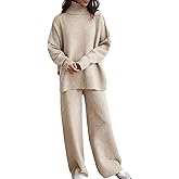 SHINFY Women's 2 Piece Outfit Fall Sweater Lounge Sets Mock Neck Knit Tops Wide Leg Pant Sweatsuits Tracksuit Set