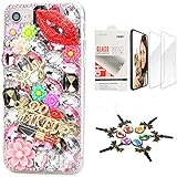 STENES Bling Case Compatible with iPhone 7 Plus/iPhone 8 Plus - Stylish - 3D Handmade [Sparkle Series] Lips Lipstick Flowers Design Cover with Screen Protector [2 Pack] - Pink