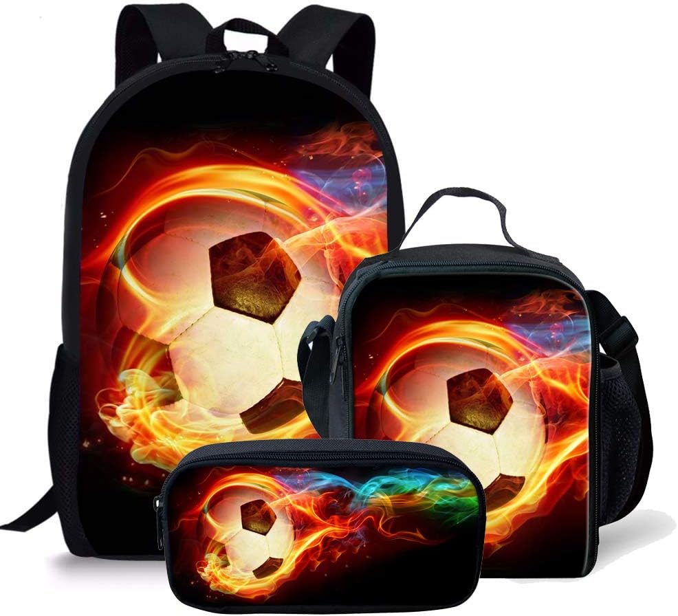 Flame Soccer Print Boys Girls School Backpack Shoulder Bag,Lunchbox,Pencil Bag 3 Piece Set