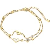 PiercingJ Heart CZ Anklet for Women 18k Gold Plated Double Layered Zirconia Ankle Chain Adjustable White Shell Bracelet Jewelry For Birthday, Christmas, Beach Party