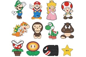 HITOMOSU 12pcs Diamond Painting Stickers Kits for Kids,DIY Mario Bros Handmade Art Craft Rhinestone Role Stikcers for Kids,Mario Brother Super Mario Themed Diamond Art by Numbers Kits