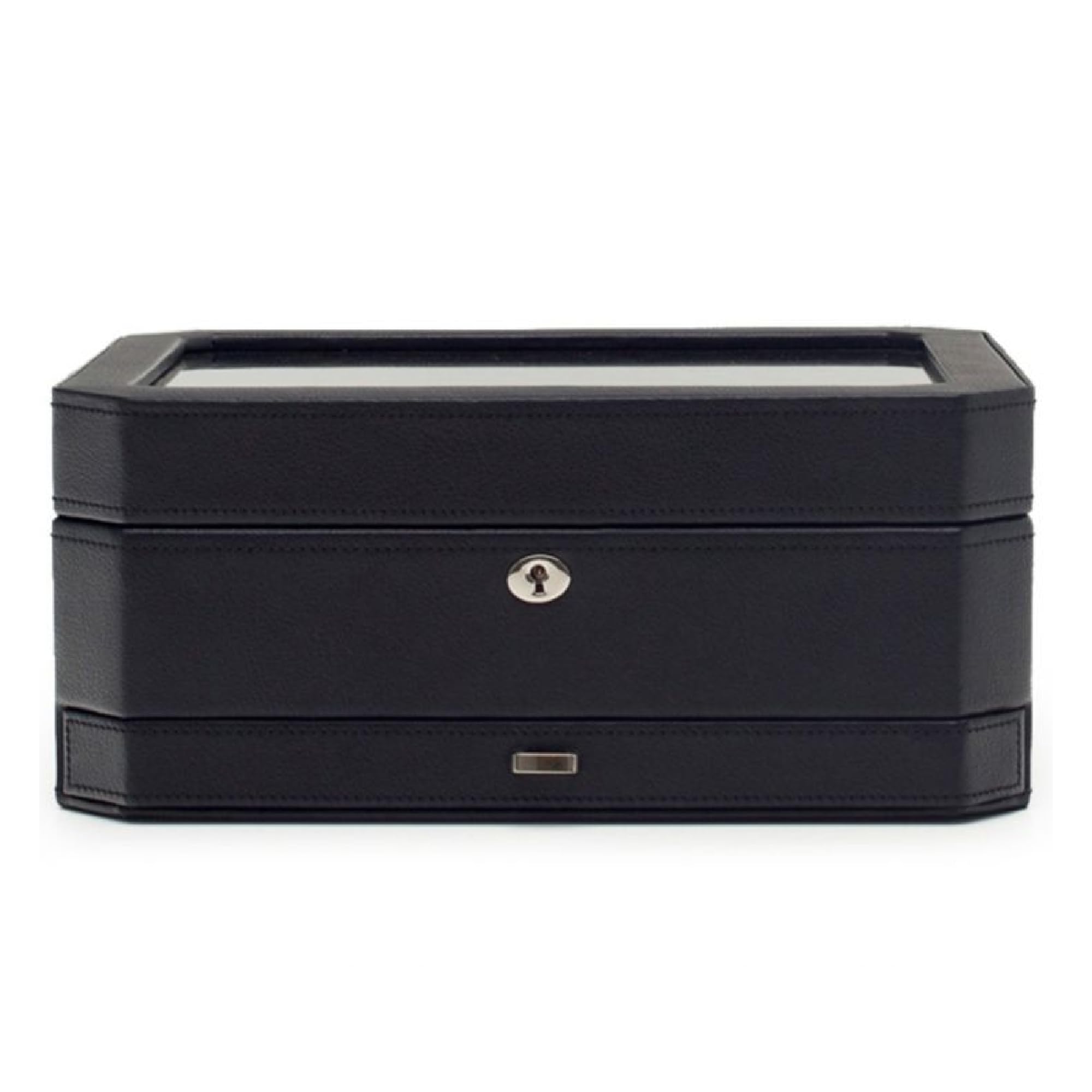 WOLF Windsor Watch Box with Drawer - Features 10 Watch Compartments, Eight Ring Rolls & 17 Jewelry Compartments - Vegan Leather Exterior, Black/Purple, Retro