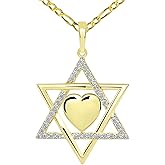 14k Yellow Gold Jewish Love CZ Star of David with Heart Pendant Figaro Necklace
