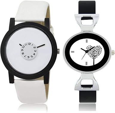 LegendDeal ATP-LR26-VT27 Stylish Round Shape Black-White Strap Multicolor Dial Women's & Men's Couple (Pack of 2)