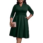 Nmoder Plus Size Dresses for Women - Casual 3/4 Sleeve V Neck Church Midi Dress Wedding Guest Cocktail with Pocket