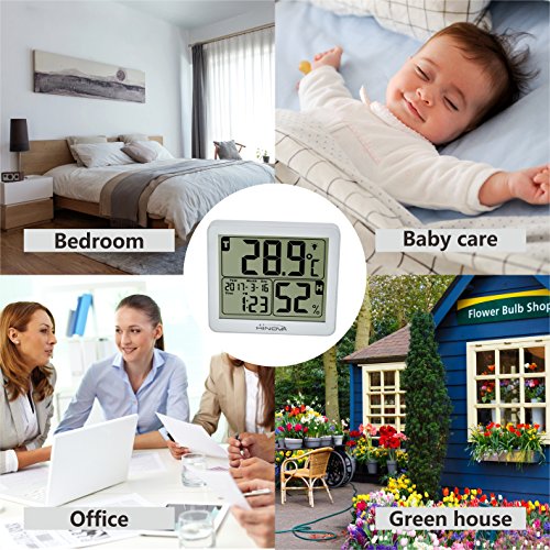 BuySevenSide LCD Display Digital Indoor Thermometer and Humidity Monitor with Vibrate Backlight,Time and Alarm, Black and White (White) 