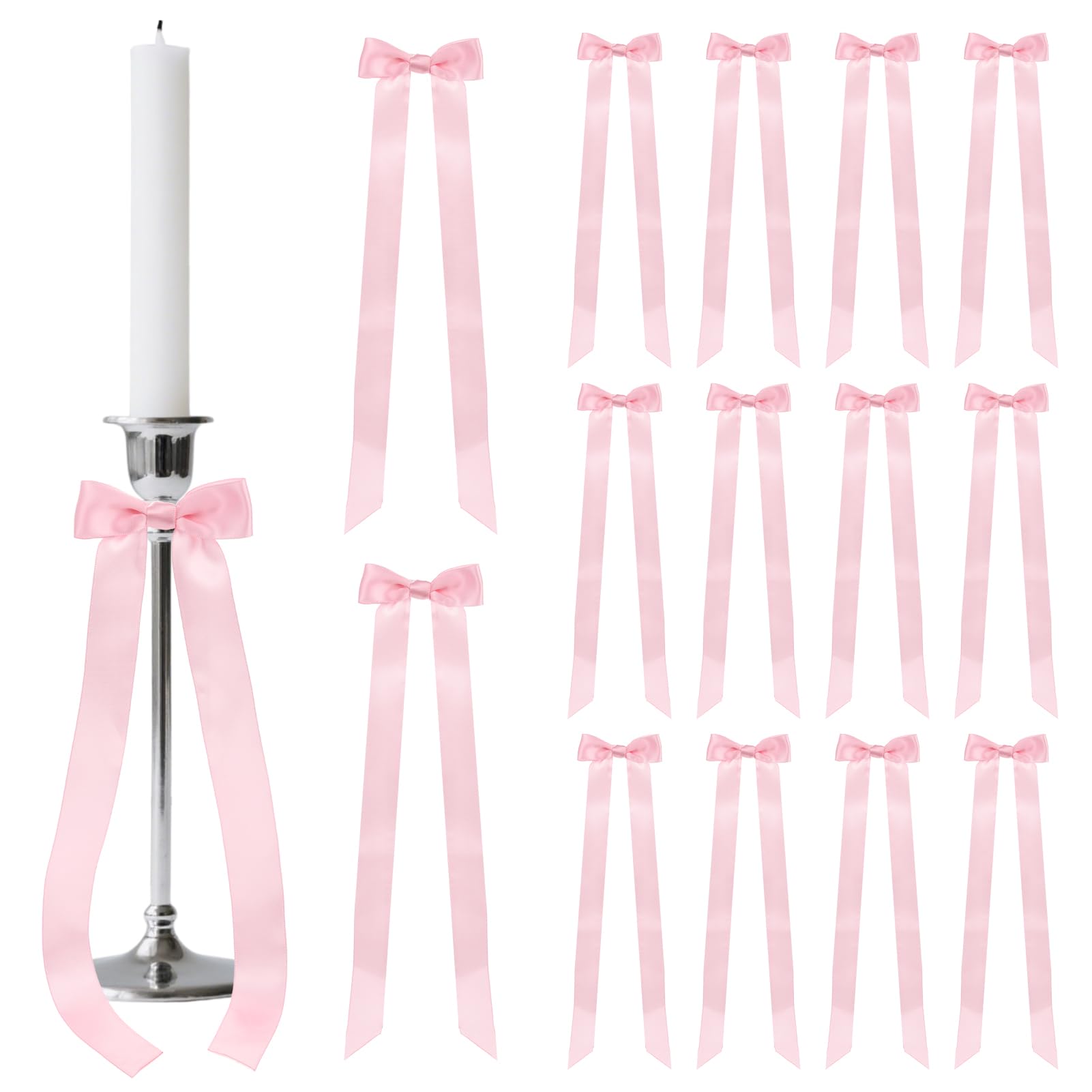 Photo 1 of 16 Pcs Pink Candlestick Decoration Bows, Self Adhesive Large Ribbon Gift Bows for Candle Holder Wrapping Wedding Bachelorette Coquette Party Centerpieces Table Decorations