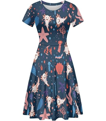 Fisher and Bass Fishes Fishing Women's Casual Beach Vacation Crew Neck Dress Short Sleeve Midi A-Line Dresses T-Shirt Sundresses Size S : Clothing, Shoes & Jewelry