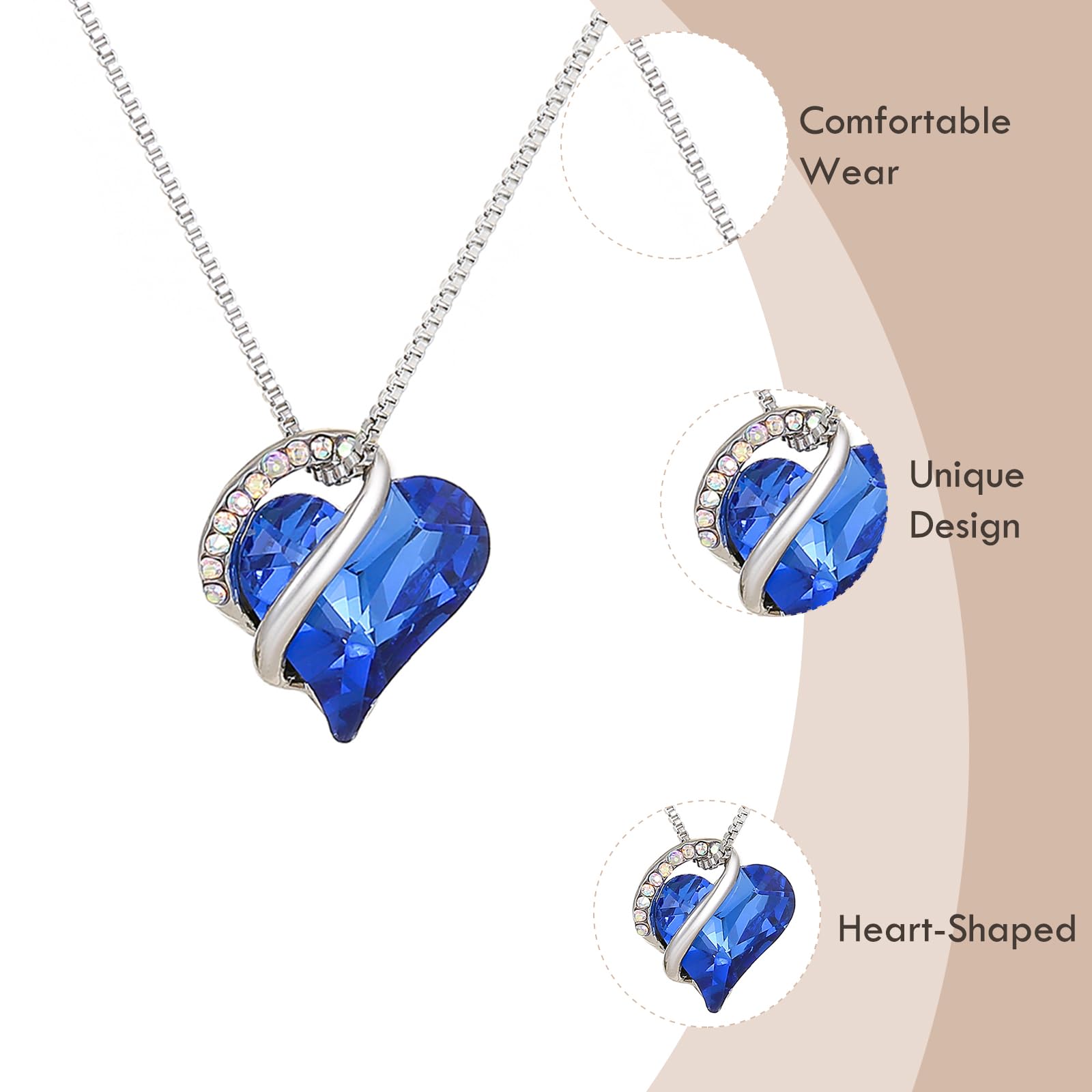 Sapphire, Love Heart Pendant Necklace Birthstone Crystal Jewelry Gifts for Women, Silver-tone, 16