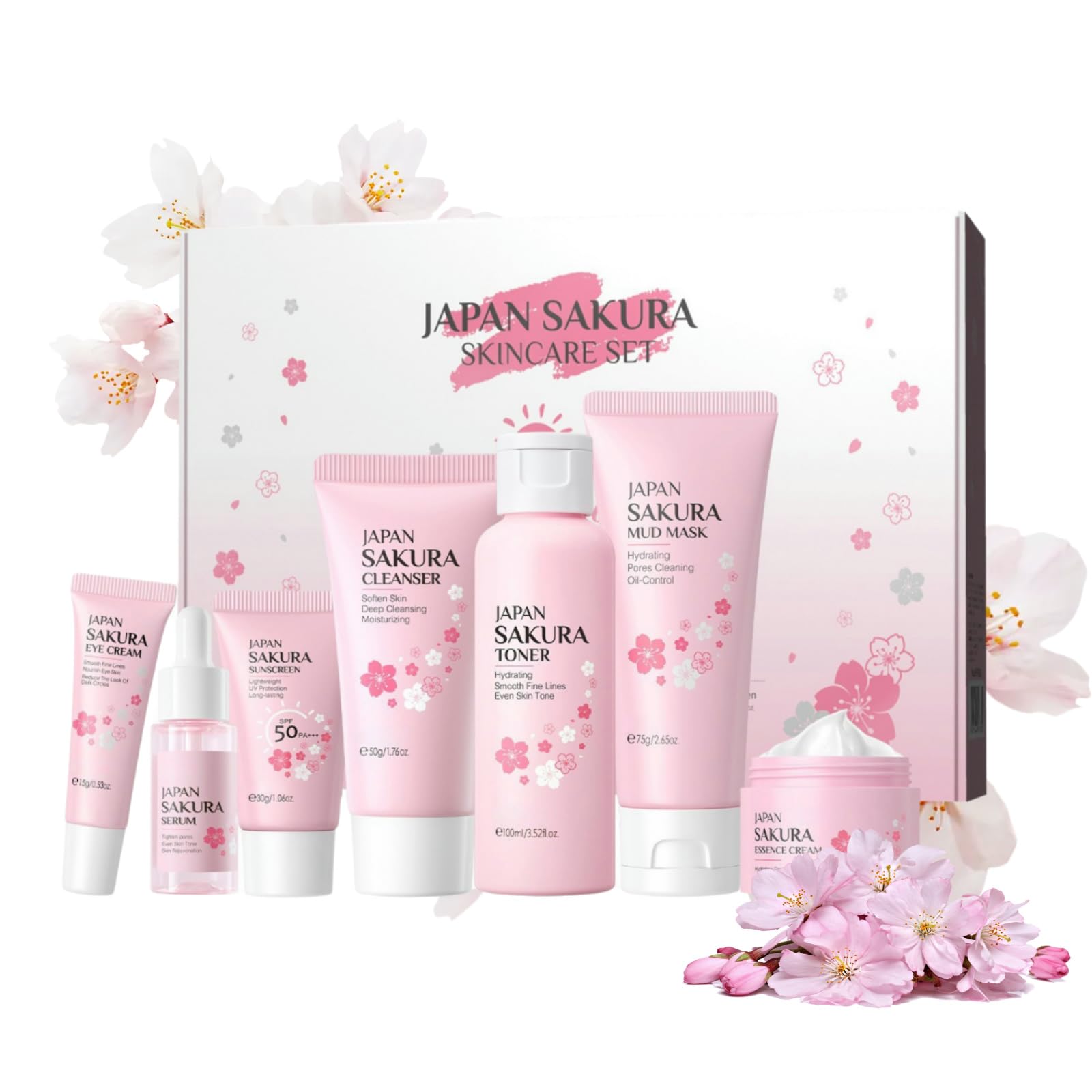 Sakura Skin Care Sets & Kits for Teenage Girls, 7 Piece Valentines Gifts Set with Cleanser, Face Toner, Face Cream, Serum, Eye Cream, Mud Mask, Sunscreen