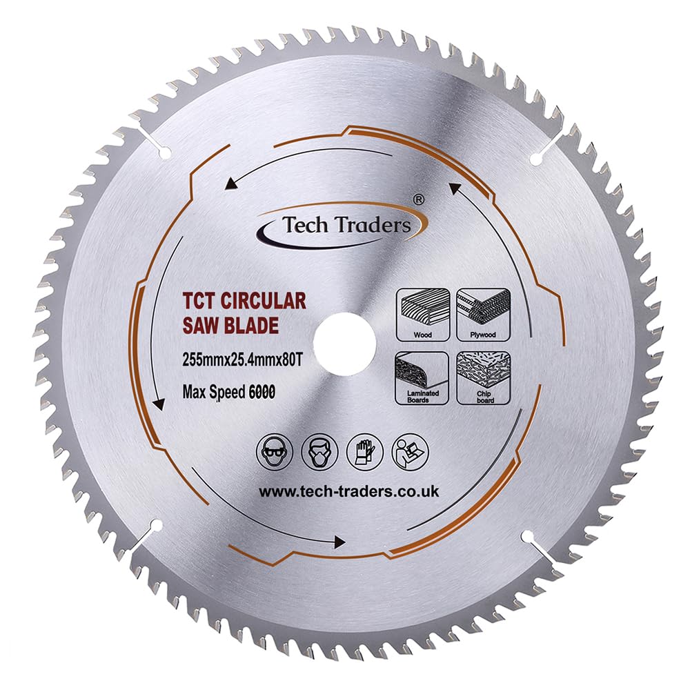 Tech Traders TCT Circular Wood Mitre Saw Blade - 255mm x 80T x 25.4mm Bore - Compatible with Evolution Rage Saws
