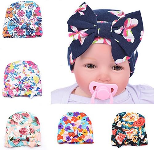 Evelin LEE Newborn Baby Girl Cute Pretty Bow Flower Pearl Hospital Hat(6 Pcs)