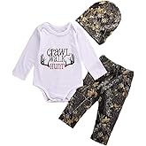 Shejingb Newborn Baby Boys Long Sleeve Letters Deer Romper Bodysuit Tops Camo Pants with Hat 3 Pcs Outfit Clothes Set