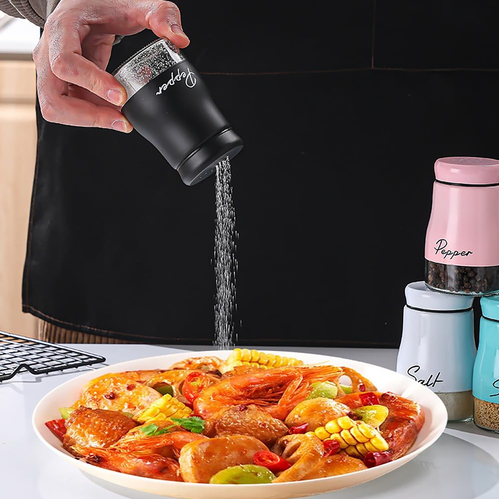 Fyfjur Salz und Pfefferstreuer Set, Salzstreuer mit Halter und Silikontrichter, Edelstahl und Glas Salz Pfefferstreuer für Gewürze 5