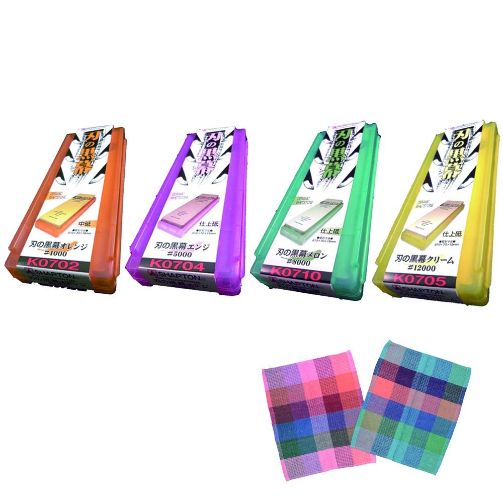 SHAPTON Ha No Kuromaku Ceramic Whetstone (F-Set) Medium Grit (#1000) + Fine Grit (#5000) + Fine Grit (#8000) + Ultra Fine Grit (#12000) + Kitchen Cloth by Shapton