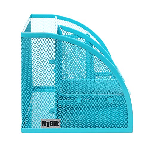MyGift Multipurpose Turquoise Blue Metal Mesh 6 Compartment Desk