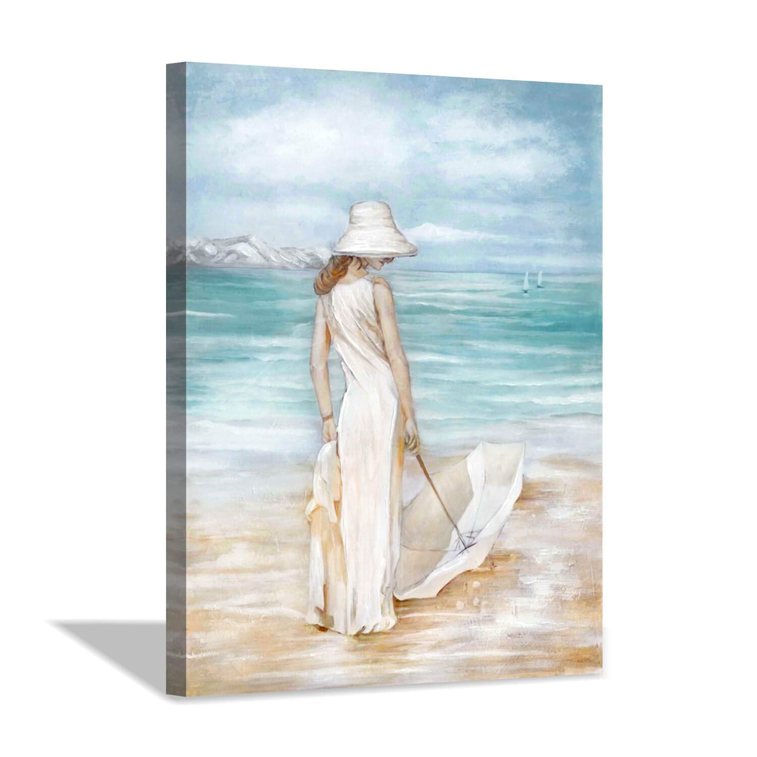 Abstract Beach Artwork Ocean Picture: Modern Women with Umbrella Sea Print Coastal Wall Art on Canvas for Bedroom (24” x 18” x1 Panel)