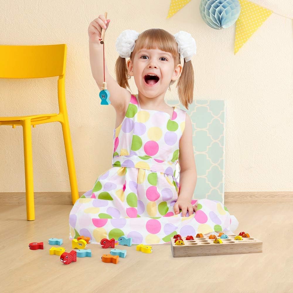 Coogam Wooden Magnetic Fishing Game, Fine Motor Skill Toy ABC Alphabet Color Sorting Puzzle, Montessori Letters Cognition Preschool Gift for Years Old Toddler Kid Early Learning with 2 Pole: Furniture & Decor